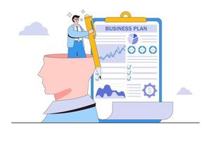 Project management, work tasks, targeting, business development, startup launch concepts. Businessman leader write strategic planning idea and marketing analysis using pen from huge head vector