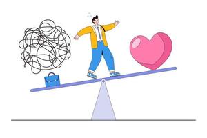 Emotional management between work stressed and happy lifestyles, keep harmony among career and life concepts. Businessman standing on seesaw balancing briefcase with messy lines and passion heart vector