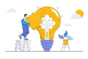 Creativity to solve business problem, finishing brilliant idea, work solution, challenge for leader concepts. Smart businessman on ladder assemble last pieces of lightbulb puzzle to complete project vector