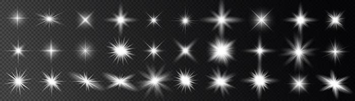 conjunto de efectos de luz blanca aislada blanca, destello de lente, explosión, brillo, línea, destello solar, chispa y estrellas. diseño abstracto de elementos de efectos especiales. vector