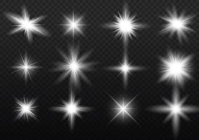 conjunto de efectos de luz blanca aislada blanca, destello de lente, explosión, brillo, línea, destello solar, chispa y estrellas. diseño abstracto de elementos de efectos especiales. vector