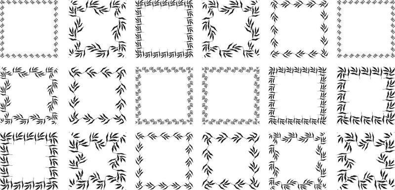 Illustration of collection of assorted square shaped black square frames made of plants on white isolated background