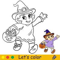 niños de halloween coloreando con plantilla una niña disfrazada de bruja vector