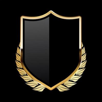 Black shield with golden laurel wreath on black background