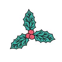 Christmas holly leaf doodles isolated. Vector illustration of three ilex leaves and berries. Cute cartoon Christmas symbol