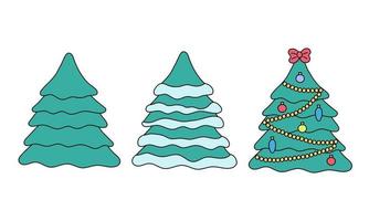 Chrismas tree doodles set. Vector illustration of isolated festive fir trees empty, with snow and decorated. Cute cartoon Christmas symbol on white background