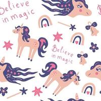 Cute unicorns rainbows lettering seamless background vector