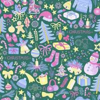 Vector seamless pattern with colorful illustrations of Christmas items. Use it for textile print, pattern fills, web page, wrapping paper, design of presentation and other graphic design