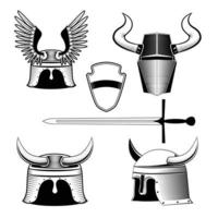 Set horned knight's helmet, shield and sword. Design elements in the vector