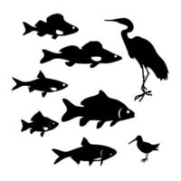 siluetas de peces de río y garzas. conjunto de elementos de diseño en vector