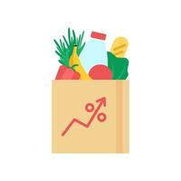 Inflation, high price and growth of food sales. Paper bag with foods on arrow up. Growth of market food, rising commodity prices concept. Consumer price index, crisis. Vector