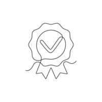 Quality and compliance, award to winner, continuous one art line drawing. Assurance sign, premium level, product warranty. Rosette ribbon with tick. One stroke sketch outline draw. Vector outline