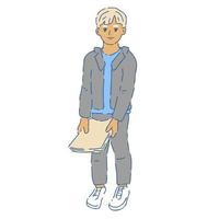 Student young boy. Schoolboy in uniform with workbooks. Secondary school pupil. Schoolchild standing pose vector illustration