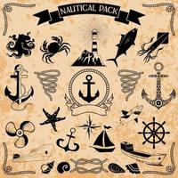 Vector pack of nautical elements. Rope swirls, logos and badges