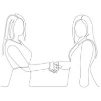 continuous line drawing two businesswomen shaking hands vector illustration