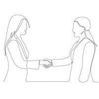 continuous line drawing two businesswomen shaking hands vector illustration