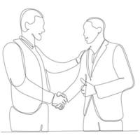 continuous line drawing two business men shaking hands vector illustration