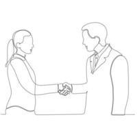 continuous line drawing business man and woman shaking hands vector illustration