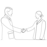 continuous line drawing business man and woman shaking hands vector illustration