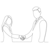 continuous line drawing business man and woman shaking hands vector illustration