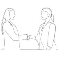 continuous line drawing two businesswomen shaking hands vector illustration