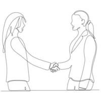 continuous line drawing two businesswomen shaking hands vector illustration