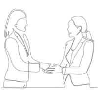 continuous line drawing two businesswomen shaking hands vector illustration