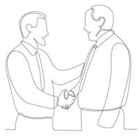 continuous line drawing two business men shaking hands vector illustration