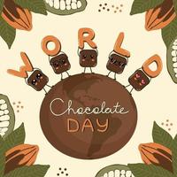 World Chocolate Day concept. Cute kawaii pieces of chocolate stand on chocolate globe with letters in hands, happy smile cubes of chocolate chatacters on cocoa fruit and leaves background vector. vector