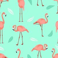 Seamless summer pattern flamingo turquoise foliage background. Exotic wading birds different poses. Side view flamingos for cover kids backdrops nursery wall design textile fabric vector illustration