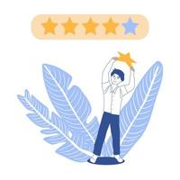 Customer feedback 5 stars rating, man holds star to give highest positive appraisal of business, best ranking and satisfaction concept. Feedback consumer customer review evaluation vector illustration