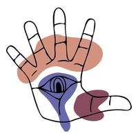 Open hand with fingers splayed and magic all seeing eye. Palm on abstract spots background. Vector illustration