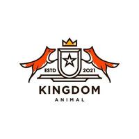 two orange fox coat of arms logo with shield, stars and golden crown symbol for animal kingdom in hipster classic modern minimal line trendy Illustration style vector