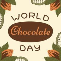 World chocolate day banner with lettering on cocoa tree whole and sliced fruits and leaves background. Square template for chocolate party holidy celebration greeting card vector illustration