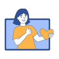 On screen girl with hold heart in hand and shows hand super sign. Customers or followers feedback, positive reaction to virtual communication. Remote monitor distance relationship vector illustration