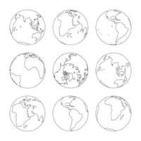 conjunto de iconos de gplanet earth, colección de globo de boceto de línea, mapa mundial simple dibujado a mano. dibujo de contorno de contorno abstracto. Ilustración de vector de concepto de geografía y pin.