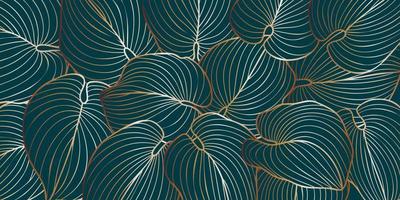 Luxurious art deco gold line hosta leaves background hand drawn line tropical leaves. Wallpaper design for web, poster, cover, banner, fabric, invitation. Vector illustration.