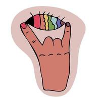 Two fingers up gesture. Rock'n'roll or Heavy Metal hand sign. hand with rainbow color fish eye between fingers abstract magic hand. Vector illustration.