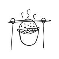 Pot for cooking tourist food in the style of doodle. Tourist cauldron for a hike. Hand drawn camping kitchen equipment. Vector black and white illustration.