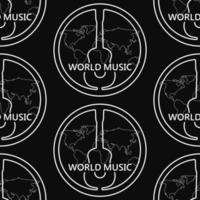 Black and white pattern with guitar, text World music. Linear white pattern with a guitar on a black background. Seamless pattern for textile, wallpaper or wrapper. vector