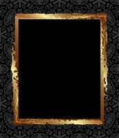 marco antiguo de oro cuadrado sobre un fondo negro con adornos grises para la decoración de felicitaciones o embalaje. diseño abstracto en estilo deco de un marco dorado sobre un fondo negro.negro y dorado vector