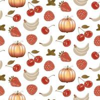 Autumn background with fruits and pumpkin on a white background. Natural seasonal fruits and vegetables seamless pattern. Vector pattern for textiles, wallpapers and wrapping paper.