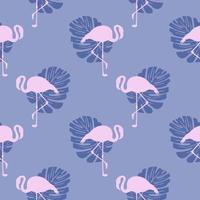 Seamless tropical pastel pattern with pink flamingo silhouettes and monstera leaves exotic leaf and bird repeatable background. Summer template flamingos for kids clothes nursery vector illustration