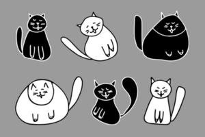 Funny plumpy black and white cats set. Vector illustration of cute hand drawn cats. Kitty mascote isolated for card children design