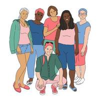 Group portrait of diversity smiling woman free posing together in walking clothes. Colorful classmates coleagues female friendship team on vacation trip or walk vector illustration