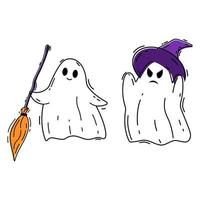 Cartoon halloween ghosts with broom and witch hat. Vector illustration