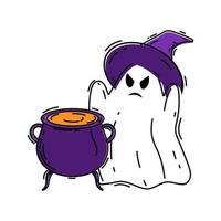 Cartoon halloween ghost with witch hat and cauldron. Vector illustration