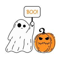 Halloween cute cartoon pumpkin with ghost. Doodle vector illustration