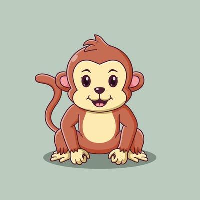 Cute Monkey Cartoon posing. Monkey Icon Concept. Flat Cartoon Style. Suitable for Web Landing Page, Banner, Flyer, Sticker, Card