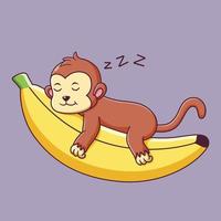 lindo mono durmiendo en el plátano. concepto de icono de mono. estilo de dibujos animados plana. adecuado para página de inicio web, pancarta, volante, pegatina, tarjeta vector